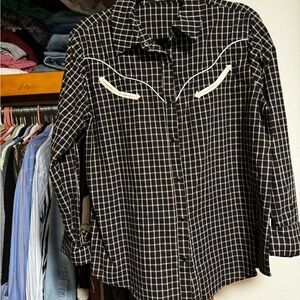 Classic Black Plaid Button-Down Shirt with White Trim